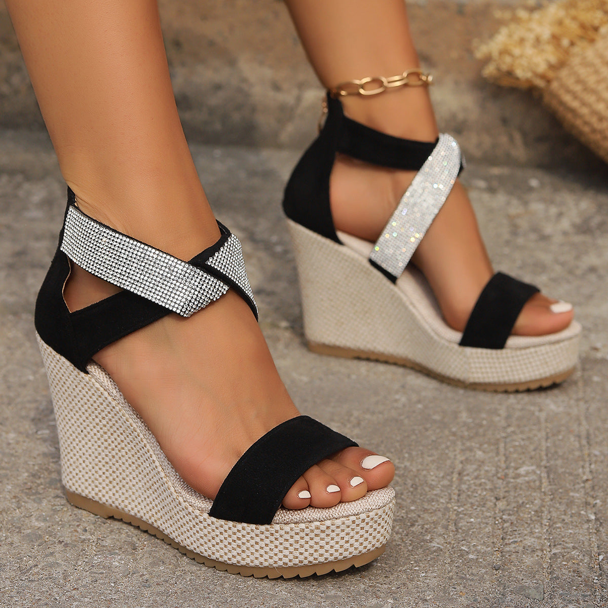 Fish Mouth High Wedges Sandals with Rhinestone Design Fashion Summer Platform Shoes for Women