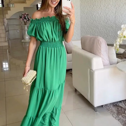 Boho Dresses for Women 2024 Summer Sexy off Shoulder Solid Color Flare Sleeve Tunic Dress Women Casual Mini Sundress Vestido