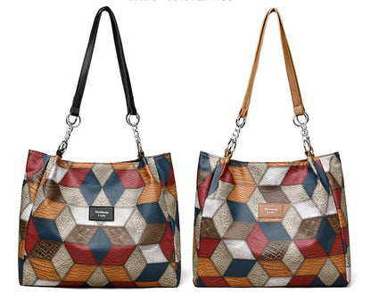 Retro Geometric Pattern Color-Matching Shoulder Bag Fashion Large Capacity Stitching Handbag for Women Totes