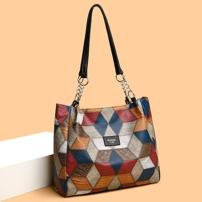 Retro Geometric Pattern Color-Matching Shoulder Bag Fashion Large Capacity Stitching Handbag for Women Totes