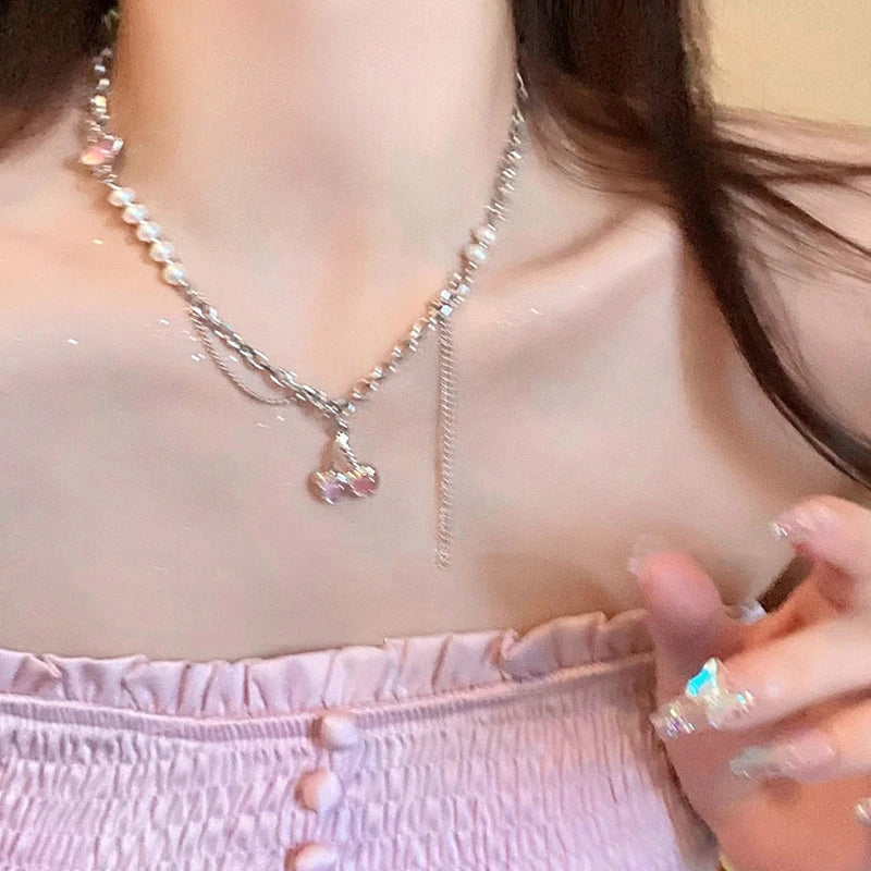 2025 Crystal Angel Wings Heart Pendant Necklace Y2K Girl Simple Pink White Zircon Love Elegant Ladies Necklace Women Jewelry