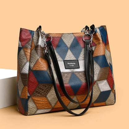 Retro Geometric Pattern Color-Matching Shoulder Bag Fashion Large Capacity Stitching Handbag for Women Totes