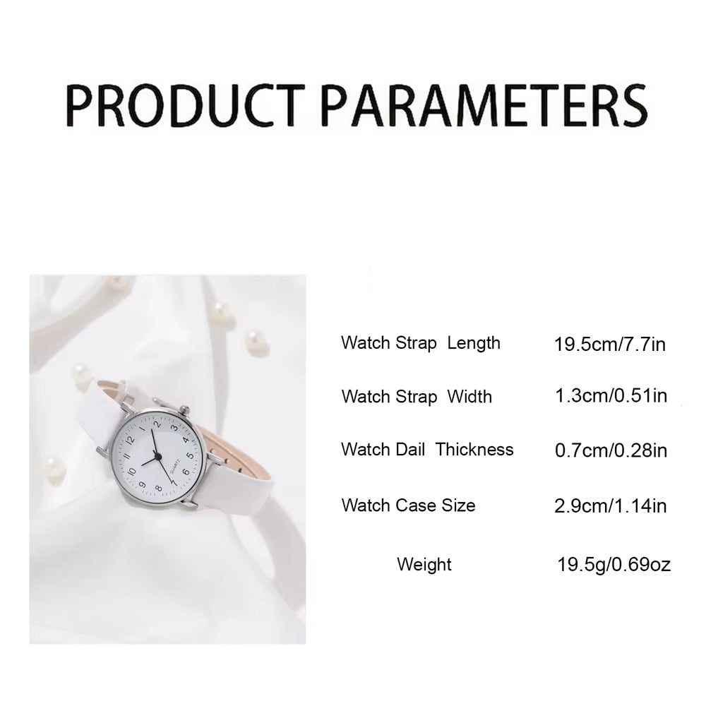 Simple Women'S Watches 2Pcs Set White Dial Leather Strap Quartz Wristwatches Bracelet Set Casual Ladies Watches Clock Gift