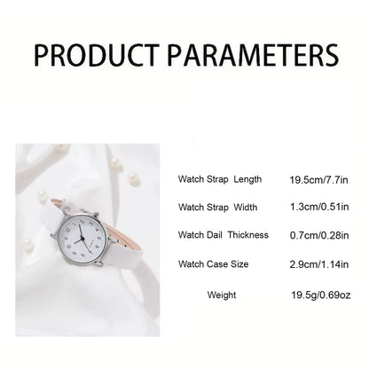 Simple Women'S Watches 2Pcs Set White Dial Leather Strap Quartz Wristwatches Bracelet Set Casual Ladies Watches Clock Gift