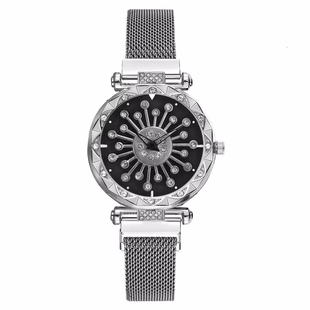 2025 Reloj Mujer Creative Whirling Women Watches Magnet Buckle Rotating Diamond Dial Quatrz Wristwatch Ladies Watches Best Gifts