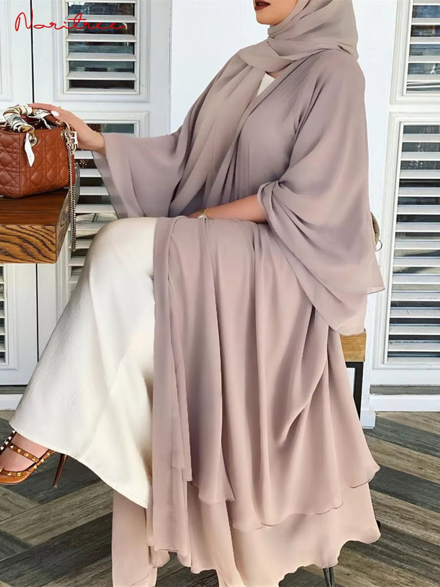 Chiffon Abaya Kimono for Women - Casual Islamic Cardigan with Belt, Dubai Style