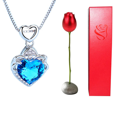 new Heart Shaped Blue Purple Crystal Diamond Pendant Rose Head Necklace