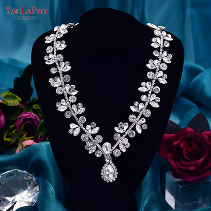 TOPQUEEN Elegant Crystal Woman Necklace Bridal Clavicle Chain Choker Wedding Party Diamante Brides Jewelry Anniversary Gift HN01