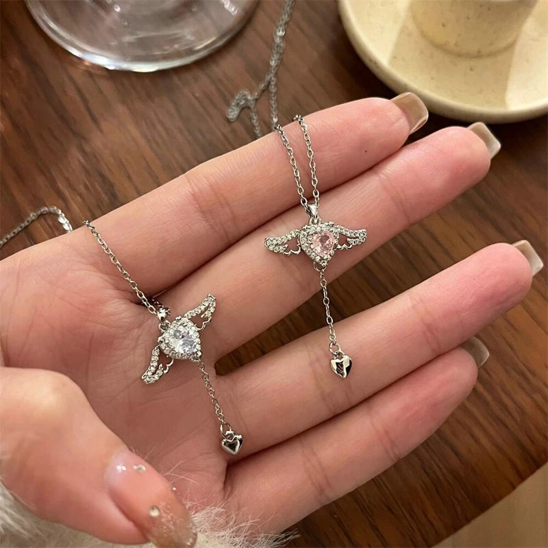 2025 Crystal Angel Wings Heart Pendant Necklace Y2K Girl Simple Pink White Zircon Love Elegant Ladies Necklace Women Jewelry