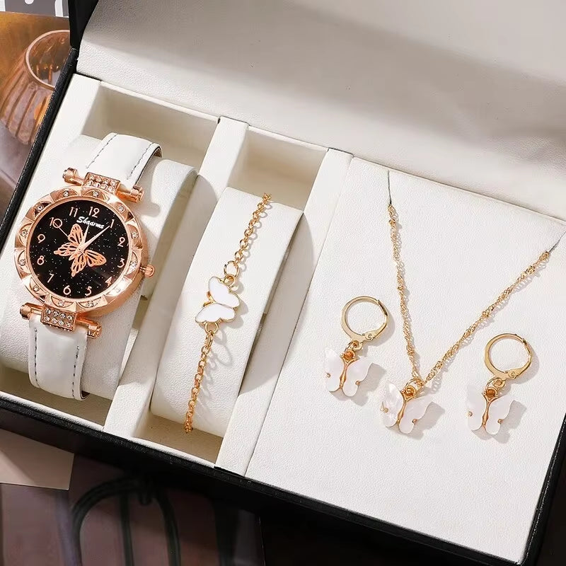 Women Luxury Watch Ring Necklace Earrings Rhinestone Butterfly Fashion Wristwatch Female Casual Ladies Watches Set Clock