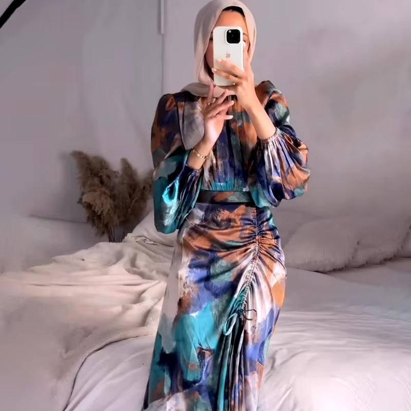 Women Exotic Floral Printed Muslim Dress Long Skirt Dubai Turkey Pleated Waist Spring Fashion Long Sleeve Casual Abayas