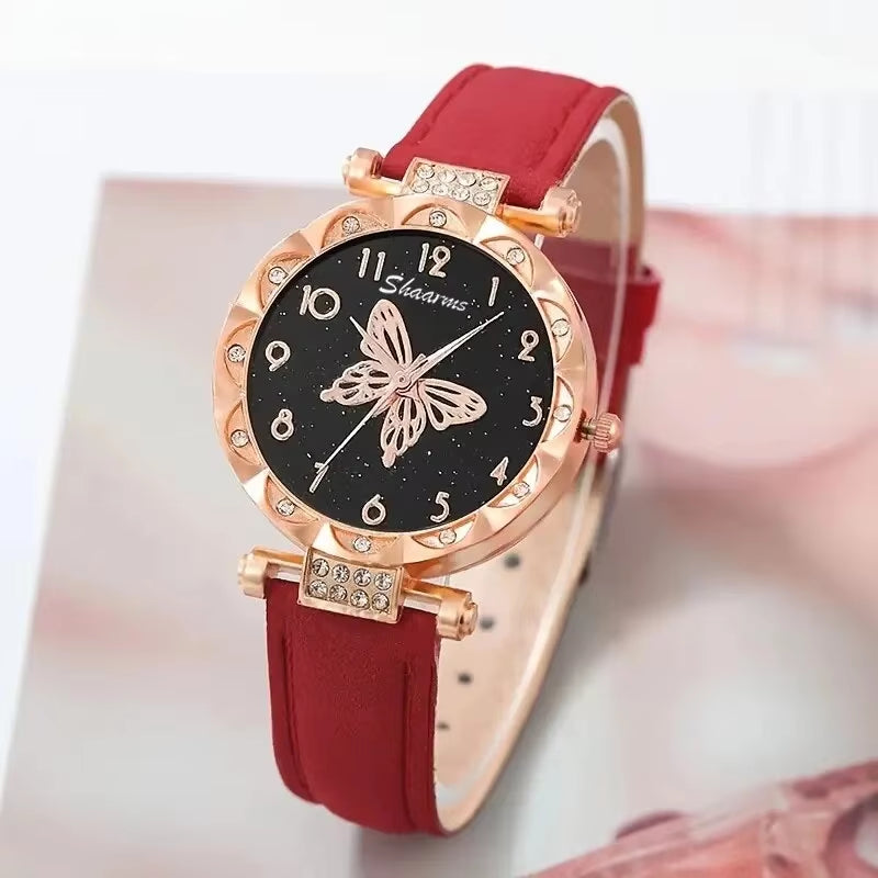 Women Luxury Watch Ring Necklace Earrings Rhinestone Butterfly Fashion Wristwatch Female Casual Ladies Watches Set Clock