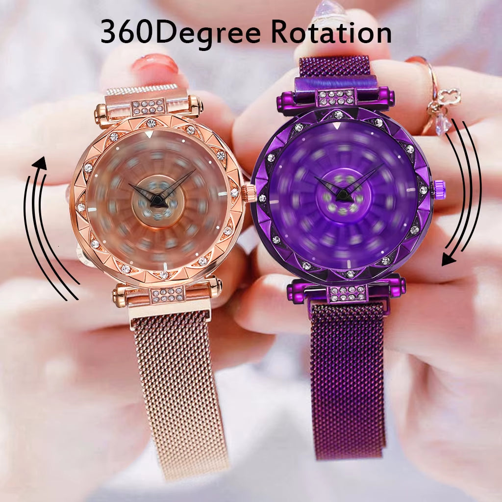 2025 Reloj Mujer Creative Whirling Women Watches Magnet Buckle Rotating Diamond Dial Quatrz Wristwatch Ladies Watches Best Gifts