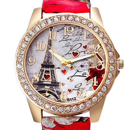 Women Big Watches Fashion Luxury Crystal Paris Eiffel Tower Watches Women Leather Band Quartz Wristwatch Casual Ladies Watches