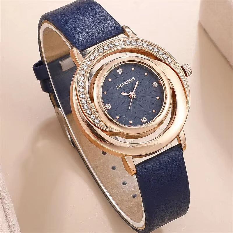 5PCS Set Luxury Watch Women Ring Necklace Earring Rhinestone Fashion Wristwatch Casual Ladies Watches Set Clock