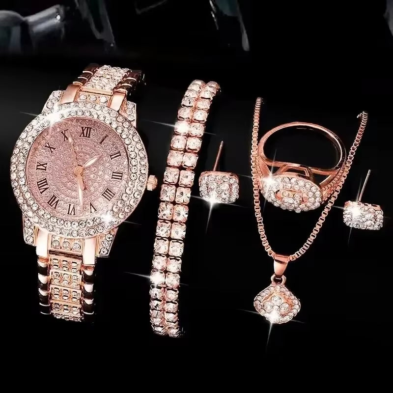 Golden Watch Women Ring Necklace Earrings Rhinestone Fashion Wristwatch Female Casual Ladies Watches Bracelet Set Clock