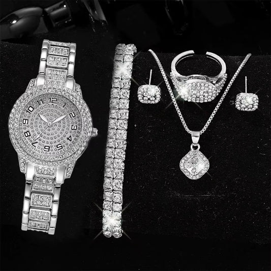 Golden Watch Women Ring Necklace Earrings Rhinestone Fashion Wristwatch Female Casual Ladies Watches Bracelet Set Clock