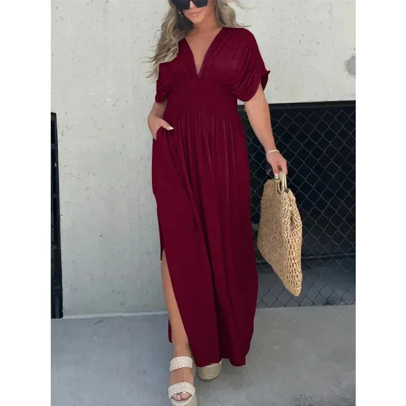 Fashion Bat-Sleeved V-Neck Slit Dress Summer Short Sleeve Elastic Waist Long Dresses Womens Clothing