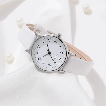 Simple Women'S Watches 2Pcs Set White Dial Leather Strap Quartz Wristwatches Bracelet Set Casual Ladies Watches Clock Gift