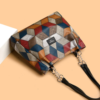 Retro Geometric Pattern Color-Matching Shoulder Bag Fashion Large Capacity Stitching Handbag for Women Totes